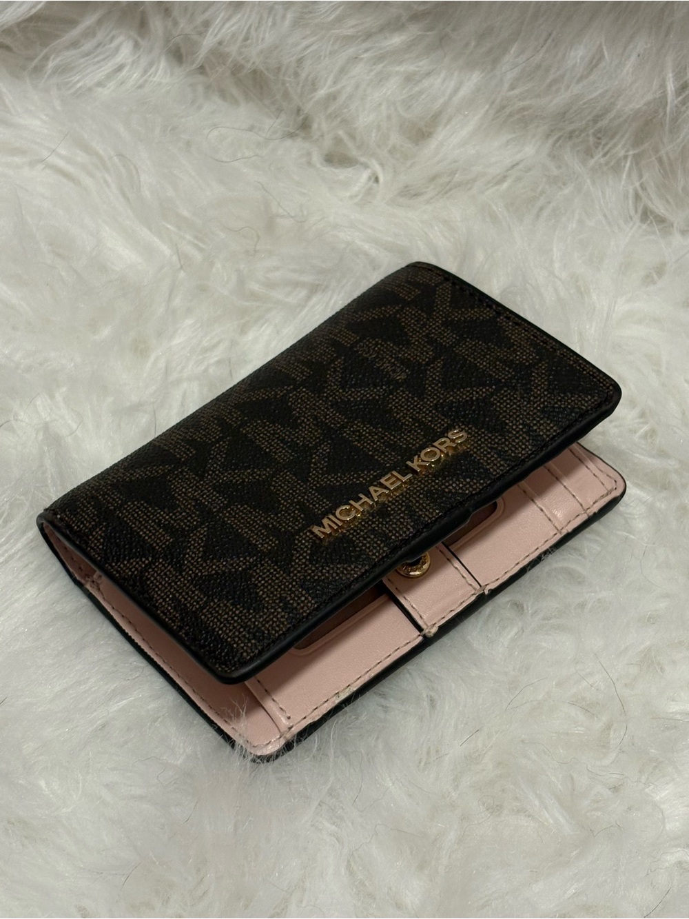 Michael Kors Brown Logo Compact Wallet with Pink Interior